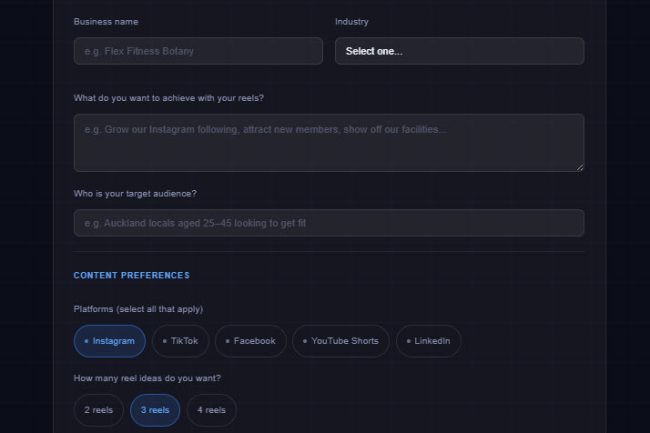 Reel Idea Generator with fields and text boxes